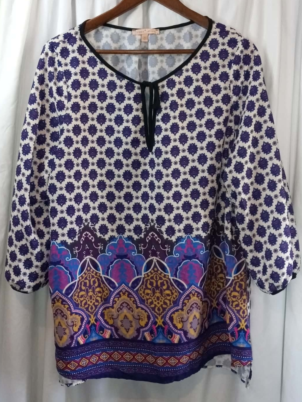 XL Gibson Latimer Purple White Blue Printed Tunic Shirt Indian Boho Flowy Summer
